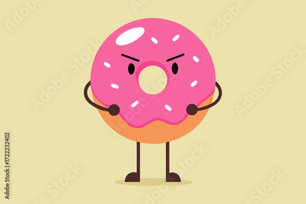 Fototapeta Angry cartoon donut with pink frosting and sprinkles