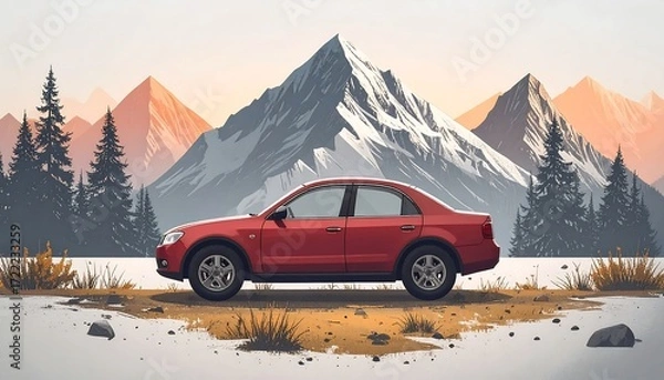Fototapeta Red car parked in front of snowy mountains