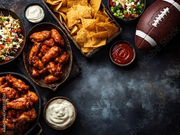 Fototapeta game day snacks football-themed food spread on the left with snacks wings nachos dips on a table leaving copy space on the right