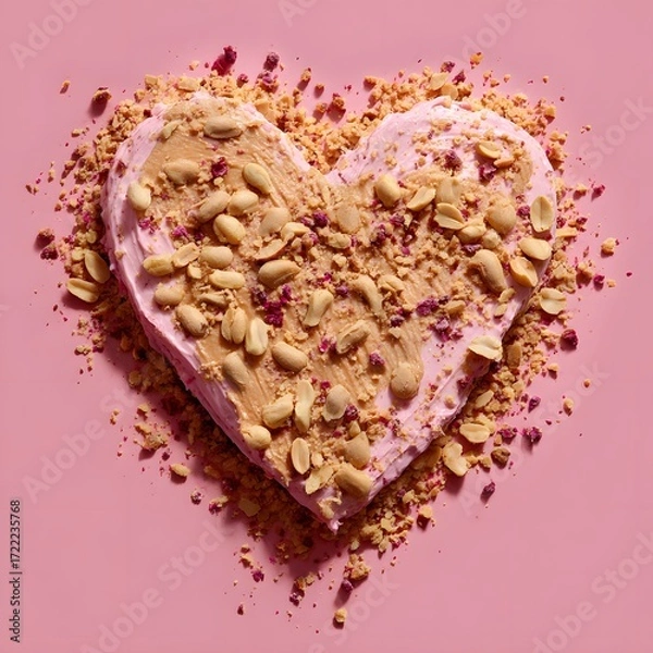Fototapeta Peanut butter pink heart love with raw peanut shells