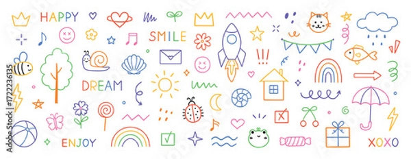 Obraz Cute kids elements, pencil preschool kindergarten doodle icons. Daycare and children drawings set, Playful scribble lines in sketch style. Hand drawn vector illustration isolated on white background