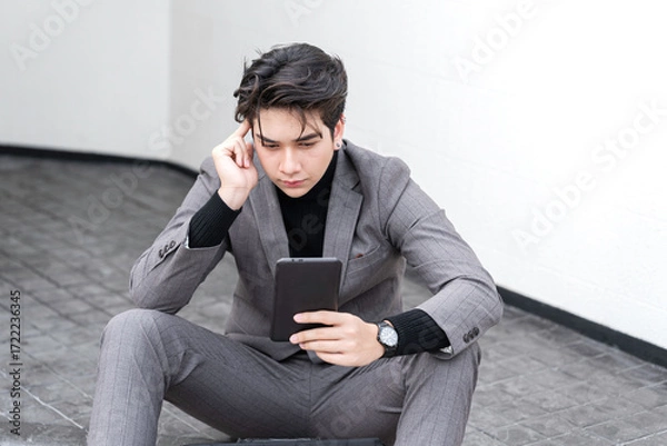 Obraz Young businessman sitting outdoors using smartphone with briefcase