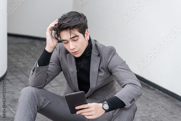 Obraz Young businessman sitting outdoors using smartphone with briefcase