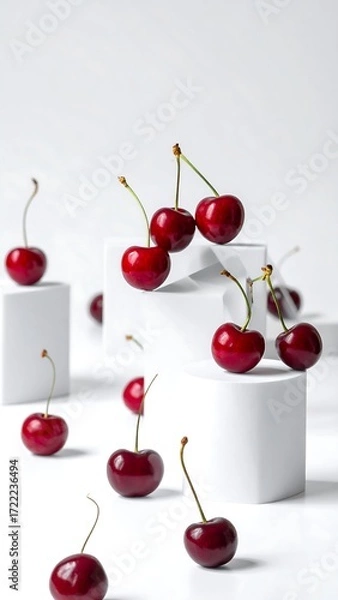 Fototapeta Red cherries on white cubes