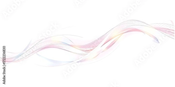 Fototapeta An abstract horizontal banner with delicate, flowing lines in soft pastel colors of pink, blue, and yellow, creating a light, ethereal wave on a white background.