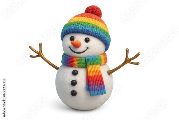 Fototapeta Snowman wearing rainbow colored hat and scarf with branch arms, celebrating diverse winter holidays and festive cheer on transparent background