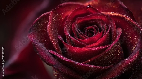 Obraz A velvety red rose glistens with golden shimmer and water droplets