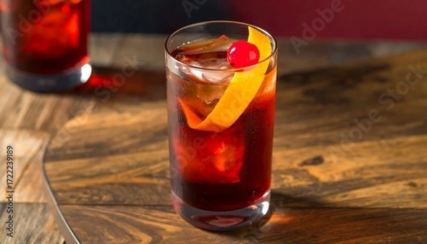 Fototapeta Red cocktail garnished with cherry and orange peel