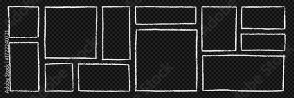 Obraz Chalk Frames and text boxes doodle set. Rectangle and square shapes, grunge crayon borders in sketch style. Hand drawn vector illustration isolated on black background