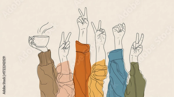 Fototapeta Simple line drawing of four arms raised in the air, each with a different gesture and sleeve color