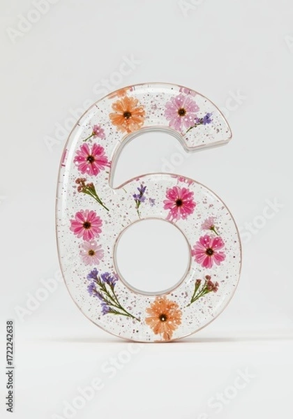 Obraz Floral number six made from resin with colorful flowers embedded  