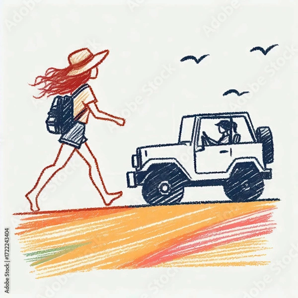 Obraz Young woman walking on beach road while passing by vintage auto