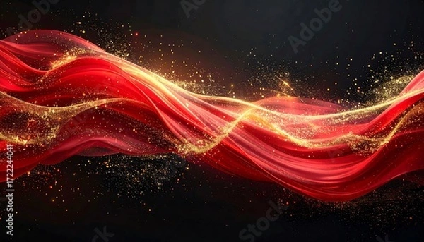 Fototapeta Red fabric flowing over a black background with golden particles