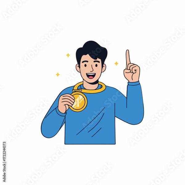 Obraz Young man celebrating with medal and smiling joyfully indoors  