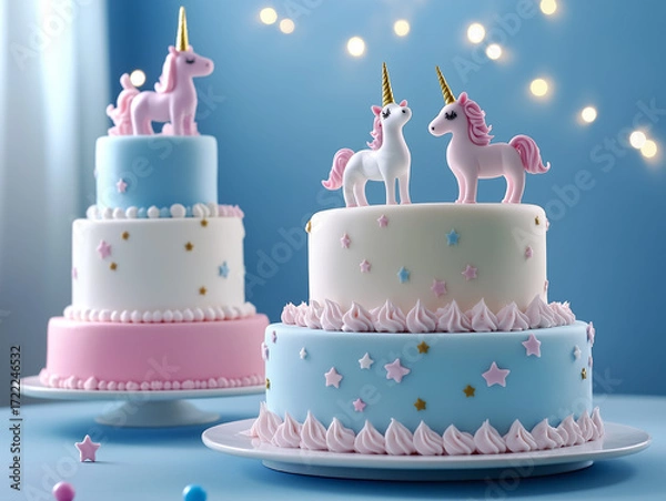 Fototapeta Two enchanting, tiered cakes are perfect for a magical birthday celebration. A whimsical unicorn figurine stands proudly on top of each one, blue background with glowing bokeh, festive atmosphere.