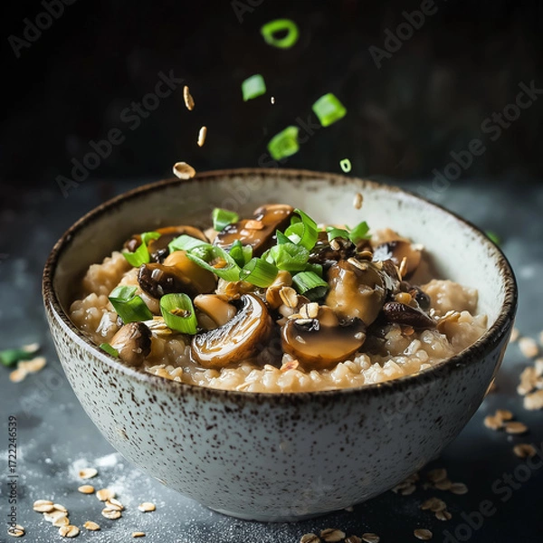 Fototapeta A visually striking bowl of savory oatmeal is topped with beautifully sautéed mushrooms and fresh, chopped green onions. The image captures a dynamic moment, with pieces of green onion.