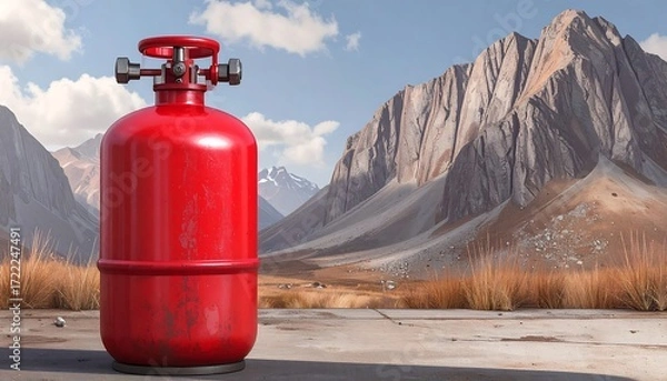 Fototapeta Red gas cylinder in mountainous landscape