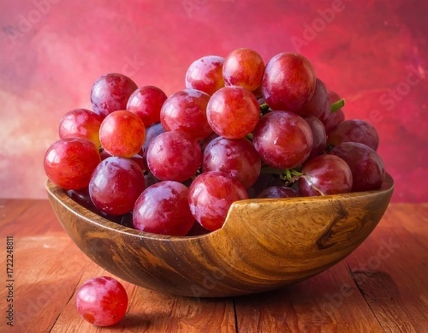 Fototapeta Red grapes in wooden bowl against a blurred background
