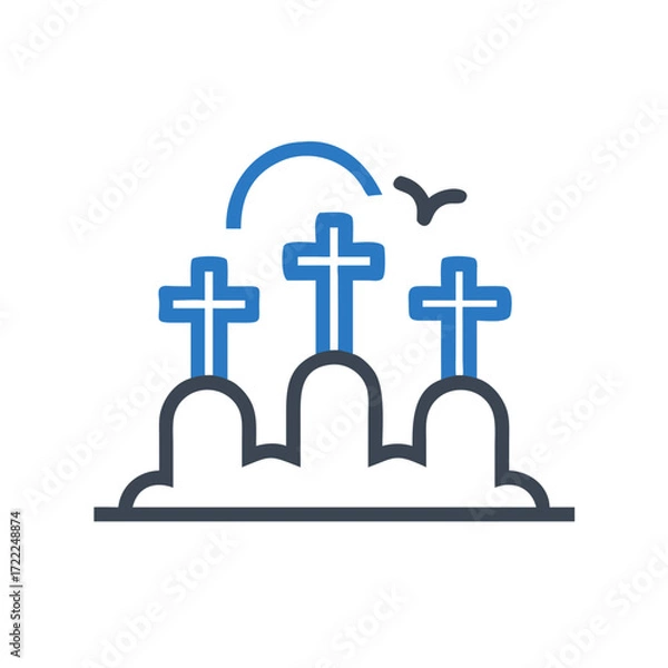 Fototapeta Cemetery with three crosses and a bird in minimalist style  