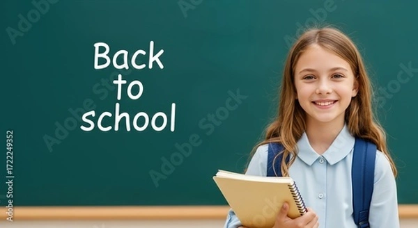 Fototapeta Smiling School Girl with Backpack and Notebook Back to School