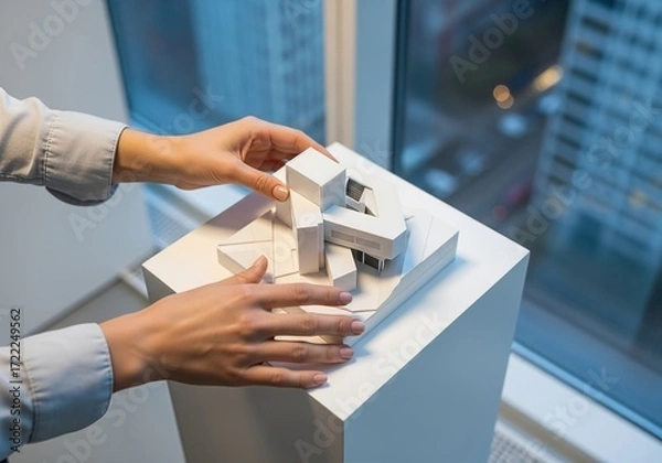 Fototapeta Hands Examining Architectural Model of Modern Building