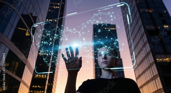 Fototapeta Futuristic Holographic Network Interface with Person in Cityscape