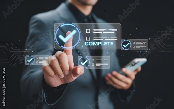 Fototapeta Businessman interacting with digital checklist and completion confirmation on futuristic interface
