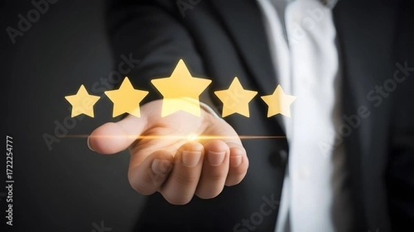 Fototapeta Hand holding five golden stars representing excellent customer service and quality rating