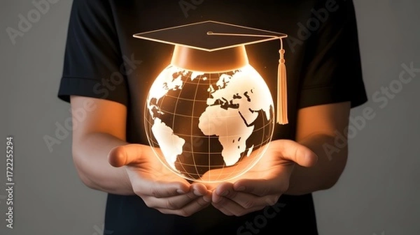 Fototapeta Person holding glowing earth with graduation cap symbolizing global education and knowledge