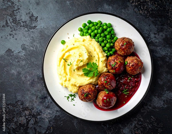 Fototapeta Hearty Meatballs with Creamy Mashed Potatoes and Vibrant Peas on a Dark Textured Surface.
