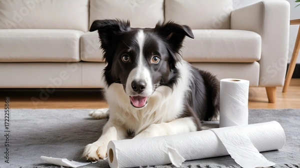 Fototapeta Naughty playful puppy dog border collie after mischief biting toilet paper lying on couch at home. Guilty dog and destroyed living room. Damage messy home and puppy with funny guilty look.
