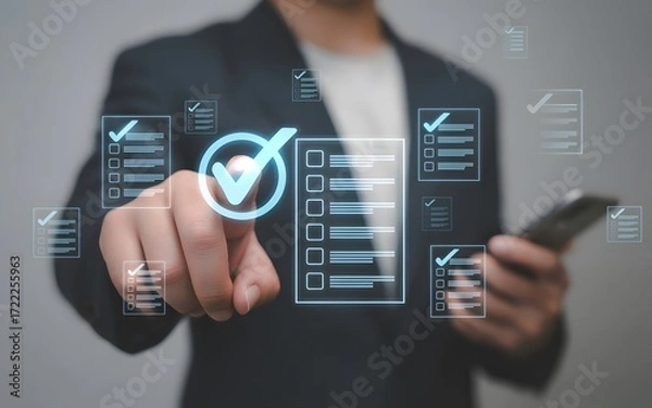 Fototapeta Businessman interacting with digital checklist and verification interface on screen