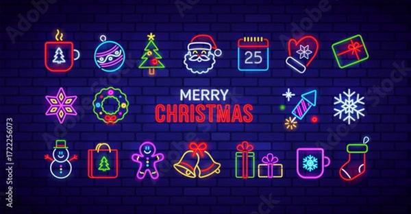 Fototapeta Merry Christmas Ornaments - neon vector icon set. Vector elements of Christmas signs and Winter symbols: Santa Claus, Gift, Christmas Tree, Fireworks, Snowflake, Calendar. Editable vector