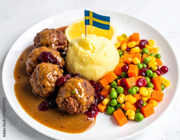 Fototapeta Delicious Swedish Meatballs with Creamy Gravy, Mashed Potatoes, and Vibrant Mixed Vegetables, Garnished with a Swedish Flag.