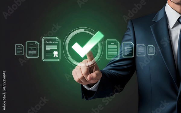 Fototapeta Businessman points to a digital checklist with a large green checkmark
