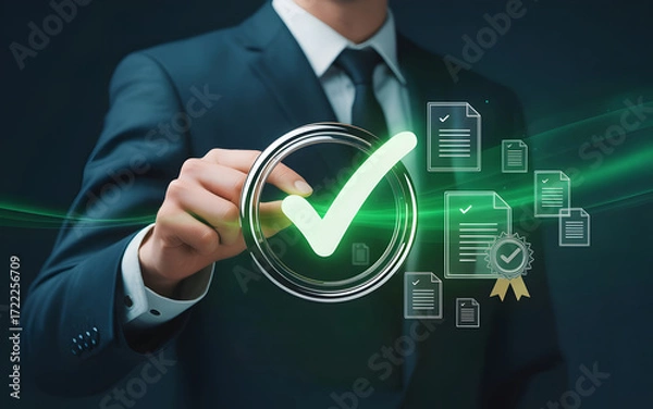 Fototapeta Businessman approves digital document with glowing checkmark and certificate icons
