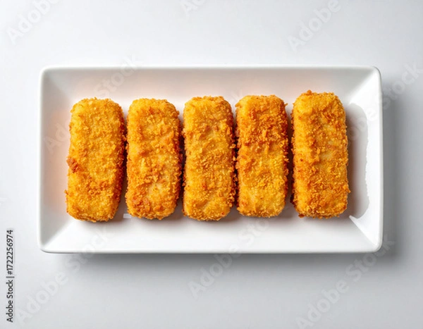 Fototapeta Crispy Fish Fingers Arranged on White Rectangular Platter.