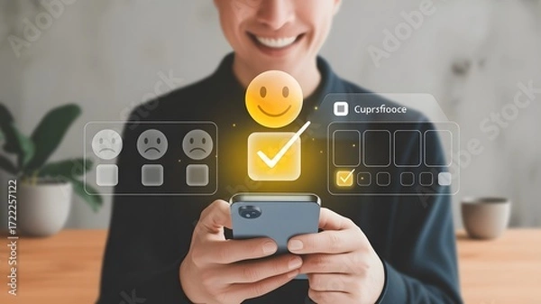 Fototapeta Man holding smartphone with digital survey and feedback icons floating above