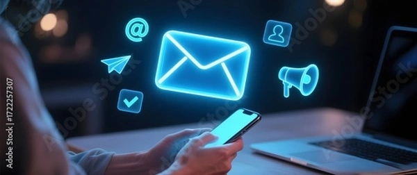 Fototapeta Person using smartphone with glowing digital email and communication icons