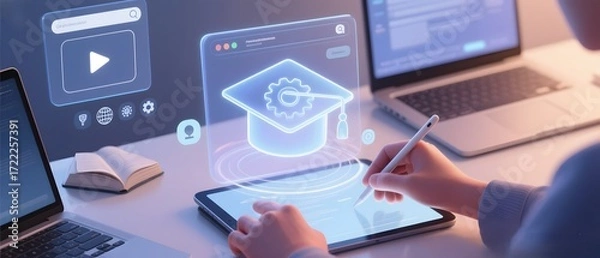 Fototapeta Student using tablet and laptop for online learning and digital education