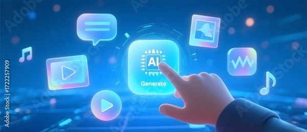 Fototapeta Human finger interacts with glowing ai interface surrounded by digital media icons