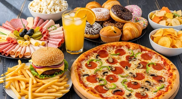 Fototapeta Unhealthy food choices like pizza burgers chips and donuts are displayed on a table