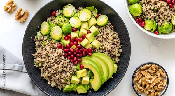 Fototapeta Healthy quinoa bowl with roasted brussels sprouts avocado pomegranate and walnuts