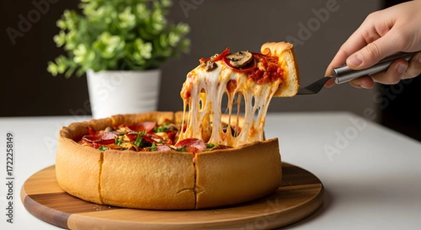 Fototapeta A hand takes a delicious slice of Chicago deep-dish pizza cheese stretching between the slice and the pie
