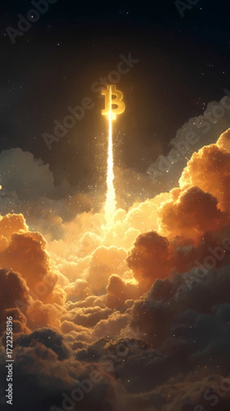 Obraz Epic Bitcoin Logo Rocket Launch, Cinematic Space Wallpaper,