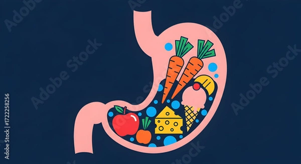 Fototapeta A healthy stomach digests a balanced diet of fruits vegetables and dairy