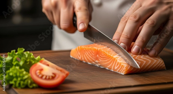 Fototapeta Chef expertly slicing fresh salmon fillet on wooden board