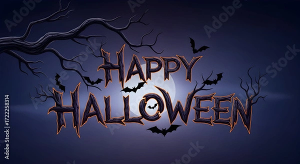 Fototapeta Happy Halloween greeting card with bats and moonlit branches