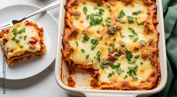 Fototapeta A freshly baked lasagna in a casserole dish with a single portion on a plate
