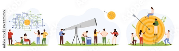 Fototapeta Success business goal and progress in challenge set. Tiny people work with maze of solutions to achieve goal, look at target through telescope, hit bullseye with arrow cartoon vector illustration